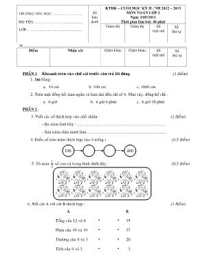 Đề kiểm tra định kỳ cuối học kỳ II môn Toán Lớp 2 - Năm học 2014-2015 - Trường Tiểu học Số 1 Trà Sơn (Có đáp án)